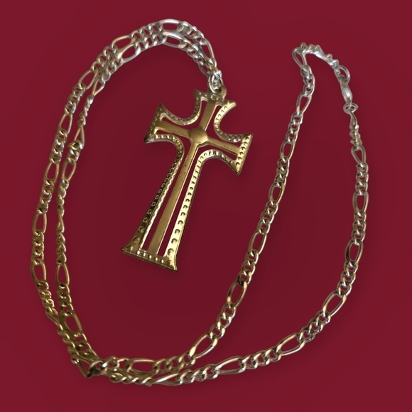 Vintage Jewelry - 3/$30 Vintage Silvertone Cross Pendant Figaro Chain Necklace